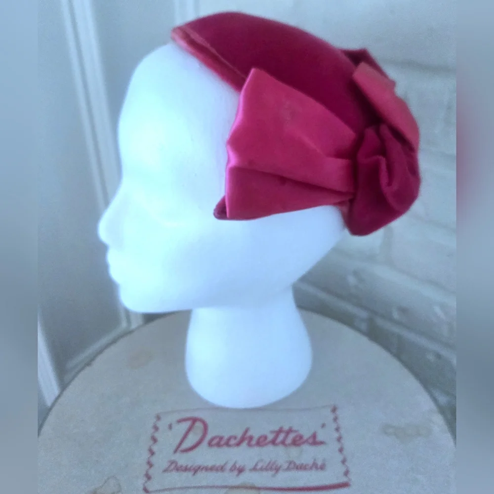Vtg 1950s Lilly Daché Floral Calot Hat, Ribbon, Velvet, S/7 - Picture 2 of 15